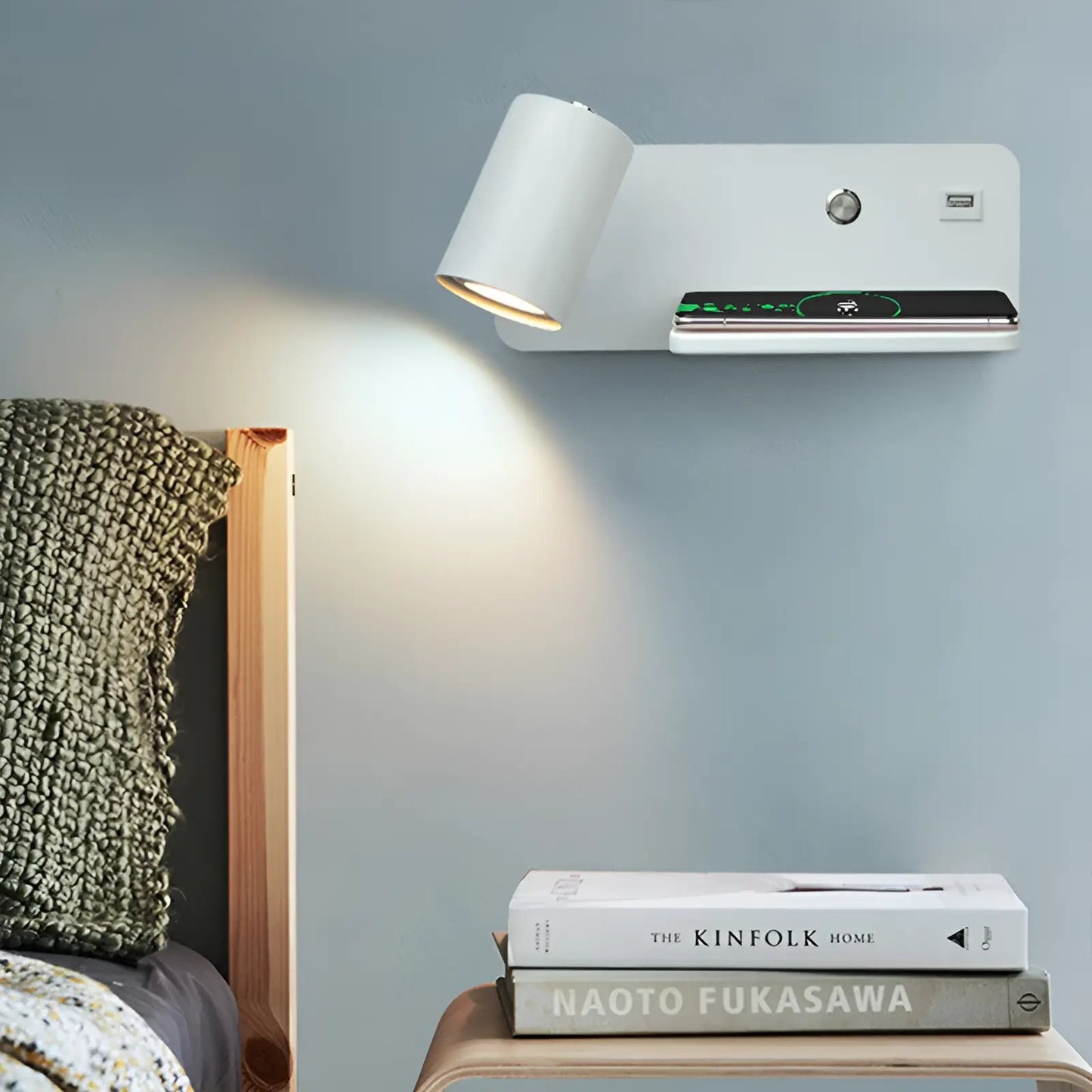 Applique murale LED avec plateau et USB pour chambre - Luminenza - Blanc