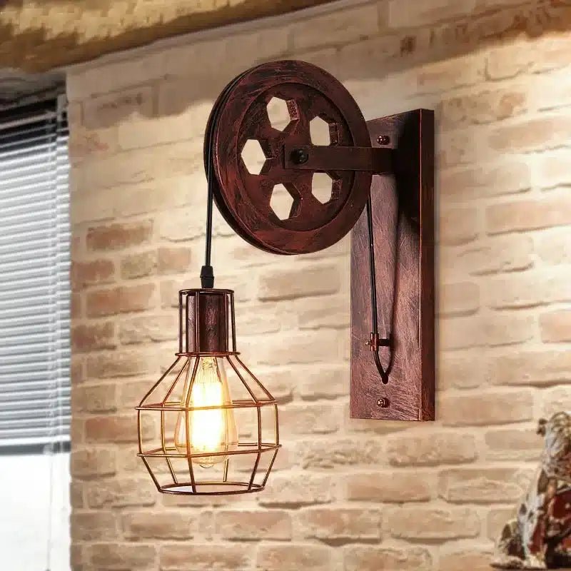 Applique Murale LED Rétro avec Poulie - Style Industriel Américain - Luminenza - Marron