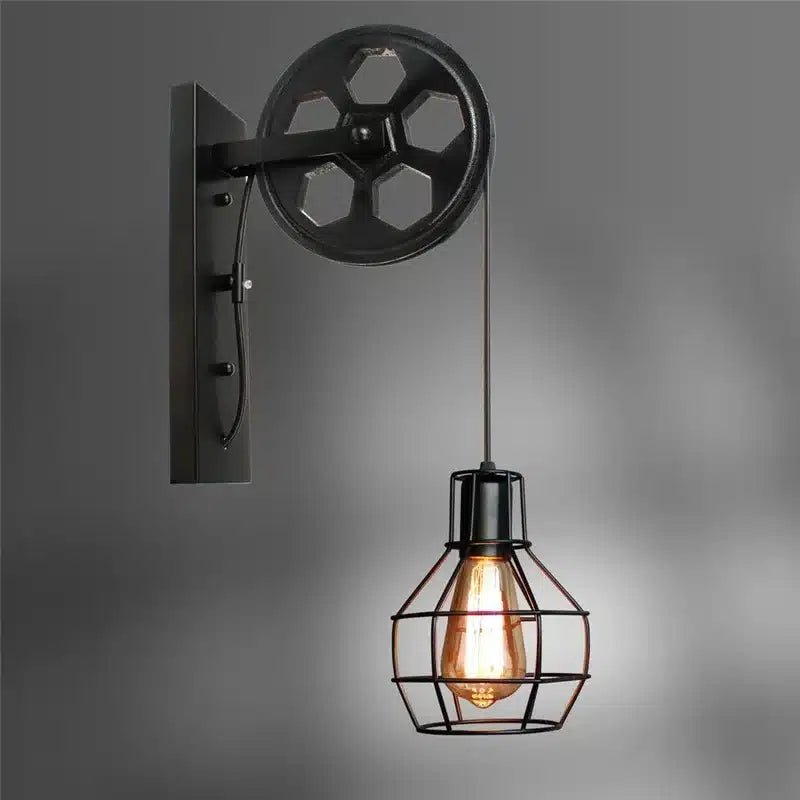 Applique Murale LED Rétro avec Poulie - Style Industriel Américain - Luminenza - Noir