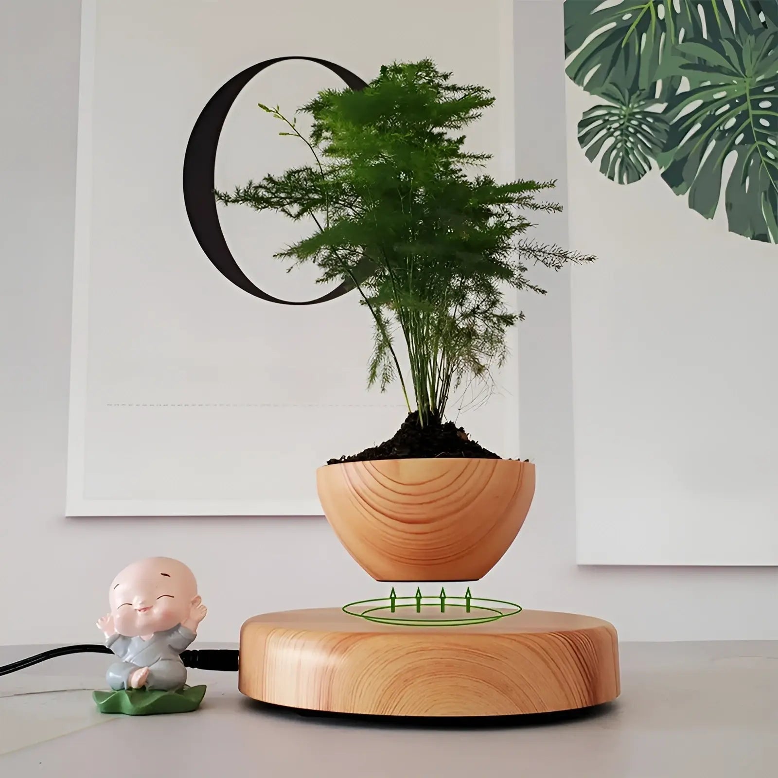 Plante Flottante avec Pot de Bonsaï à Suspension Magnétique Rotative pour Salon - Luminenza - Bois