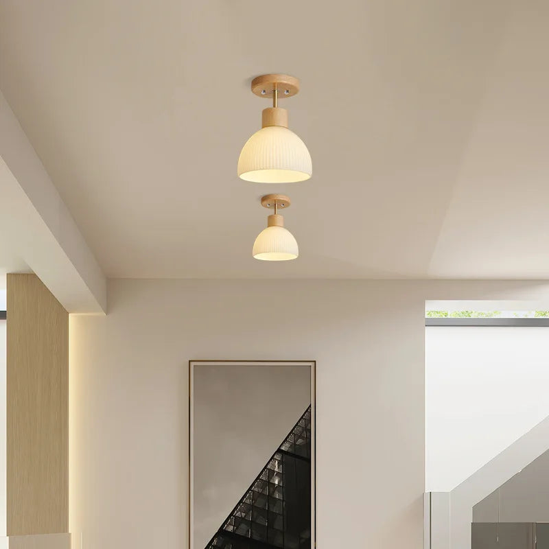 Plafonnier moderne en bois nordique et verre rayé pour salon