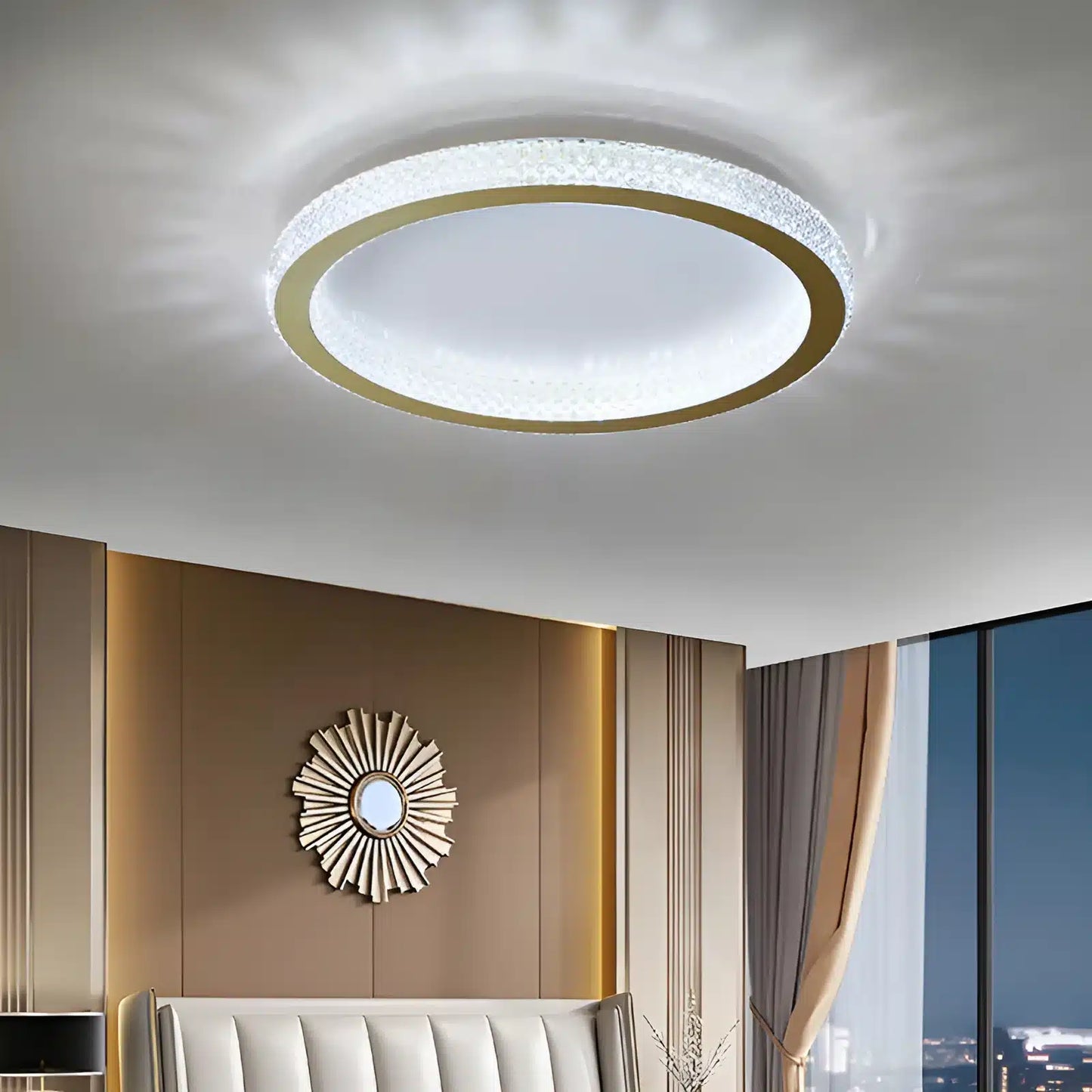 Plafonnier LED en forme d'anneau orné de cristaux pour salon