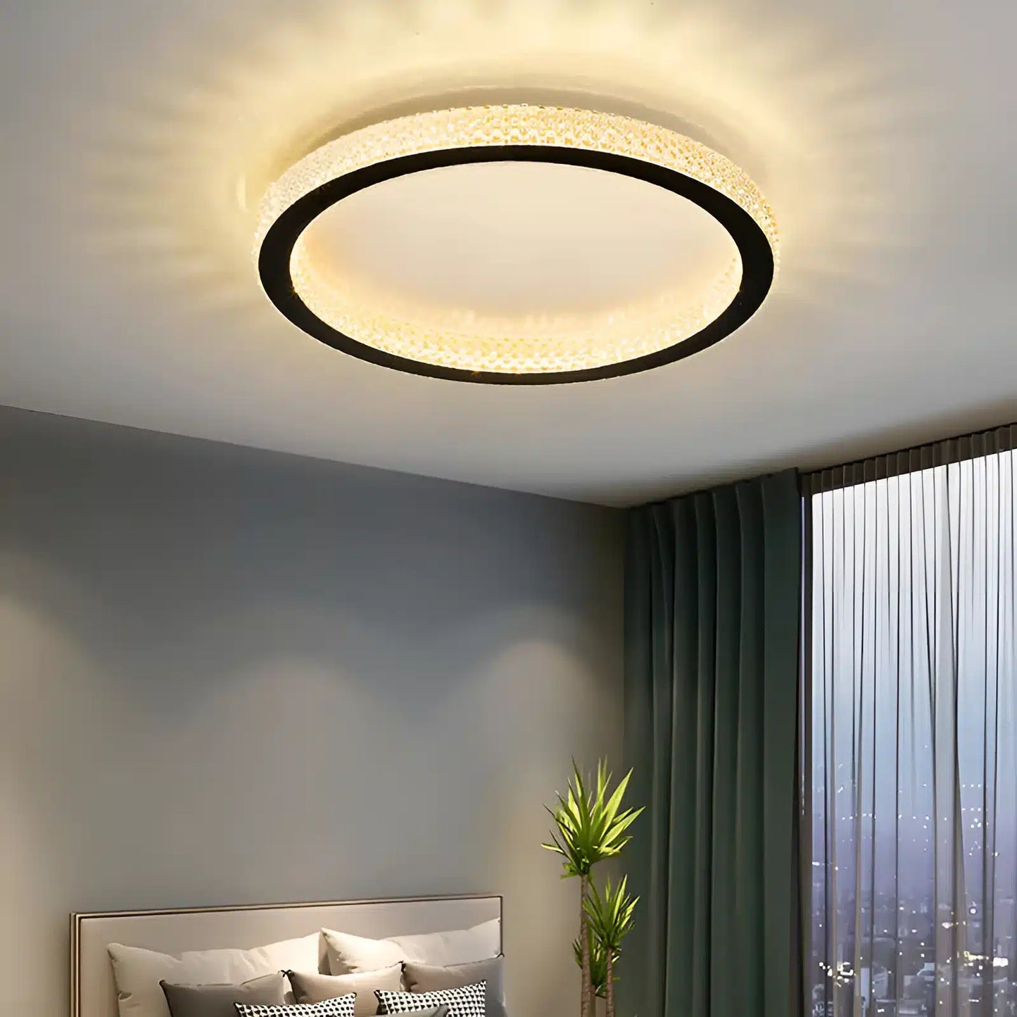 Plafonnier LED en forme d'anneau orné de cristaux pour salon