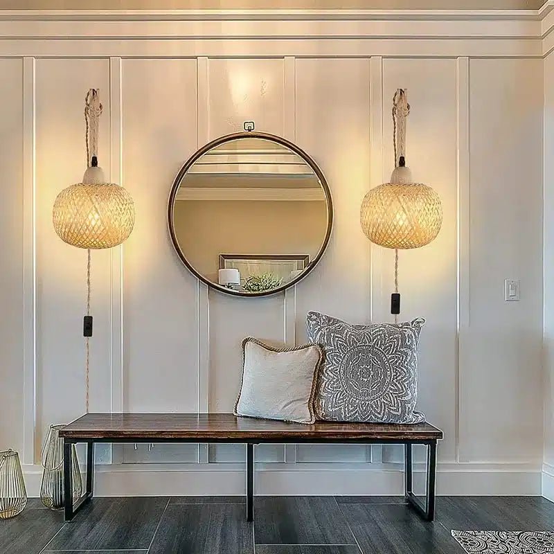 Applique Murale en Rotin Naturel - Luminaire Décoratif Tissé à la Main - Luminenza - Bois