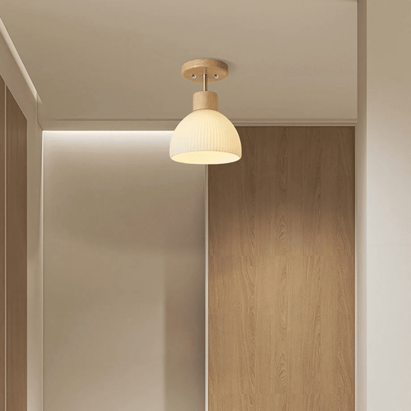 Plafonnier moderne en bois nordique et verre rayé pour salon