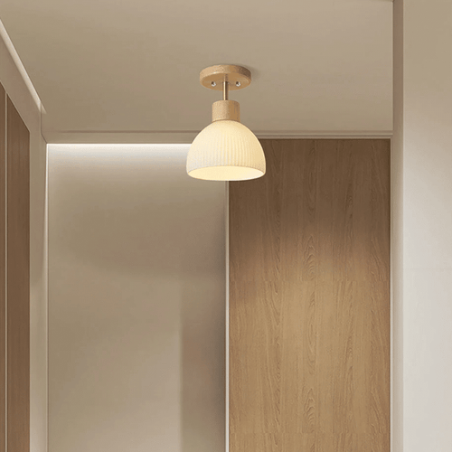 Plafonnier moderne en bois nordique et verre rayé pour salon